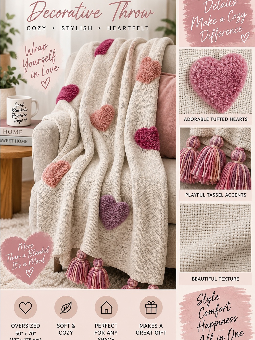cupcakes & cashmere Cream Throw Blanket with Pink and Purple Tufted Hearts